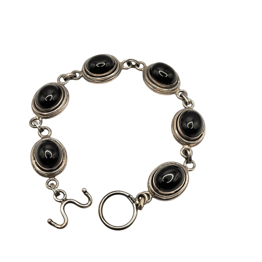 Vintage Sterling and Black Onyx Cabochon Bracelet - Picture 3 of 7